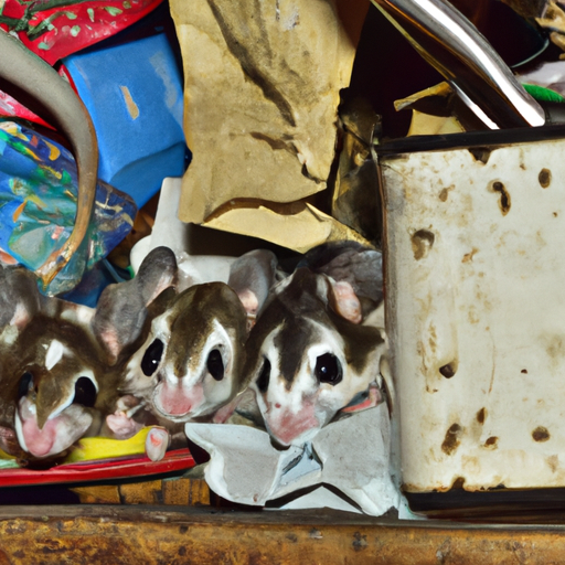 משפחת עכברים מסתתרת מאחורי חפצי בית בחדר אחסון עמוס.