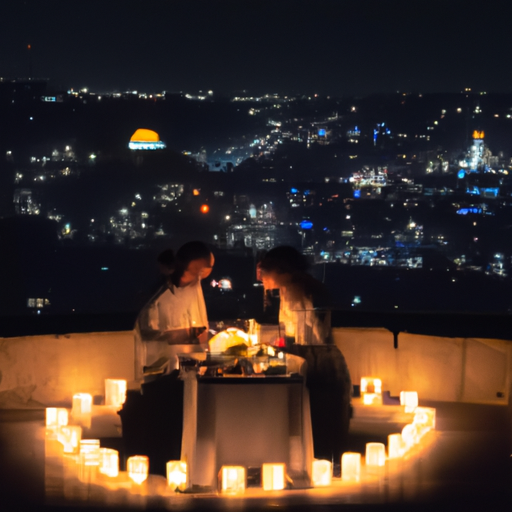 3. זוג נהנה מארוחת ערב לאור נרות במסעדת גג עם הנוף היפה של ירושלים