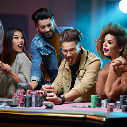 תמונה המציגה קבוצת חברים נהנית תוך כדי משחק פוקר, ומתארת את האווירה התחרותית.