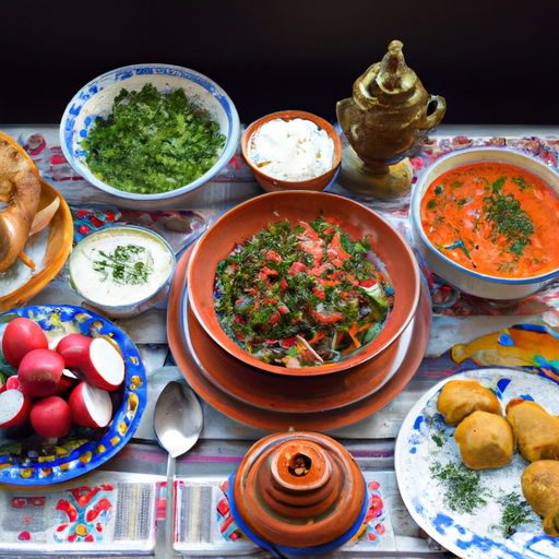 מבחר צבעוני של מאכלים רוסים מסורתיים, המציגים את המגוון הקולינרי של המדינה