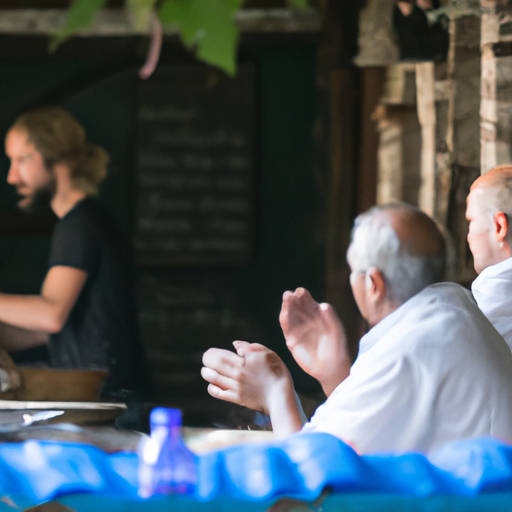 סצנה תוססת בטברנה מסורתית עם מקומיים שנהנים ממוזיקה ואוכל